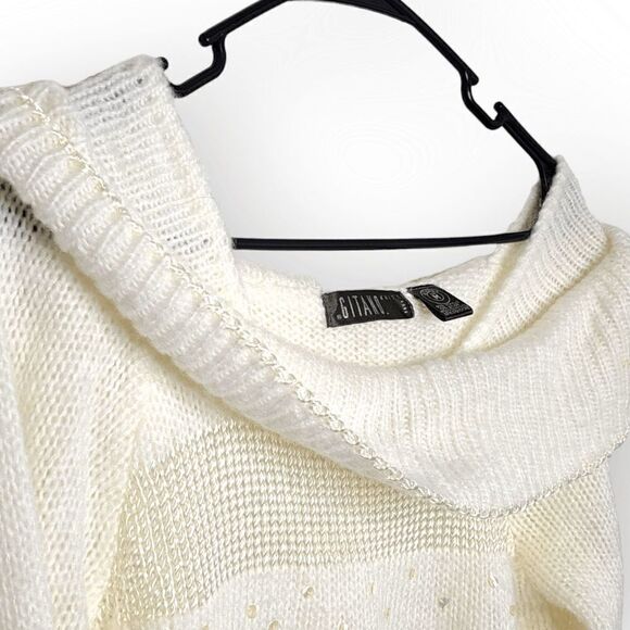 Gitano Knits Vintage 90s Off the Shoulder Cowl Neck Sweater in White with Sequin - Picture 3 of 5